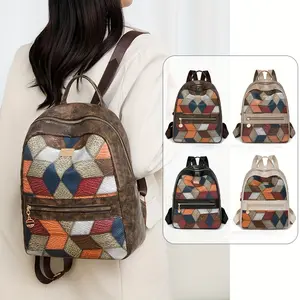 Stylish Comfort] Vintage Backpack for Women, Colorblock Argyle Pattern, Lightweight with Adjustable Straps, Zipper Closure, Polyester Lined, Versatile Casual Daypack in Khaki/Brown/Beige/Black, Adjustable Backpack | Argyle Pattern Bag | Durable