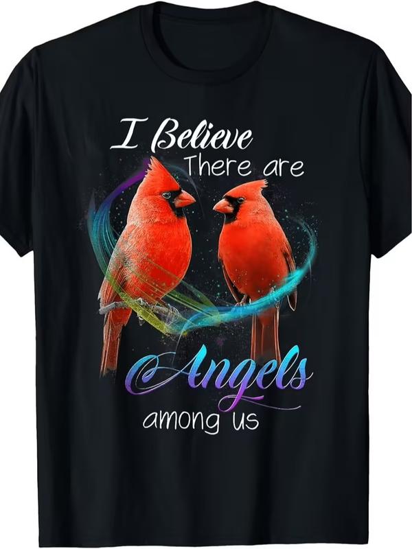 Women's Plus Size Casual Comfortable Printed Graphic Top - Cardinal Bird Design with Angel Quote "I Believe There Are Angels Among Us" Tshirt