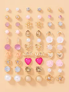 30 Pairs Mixed Styles Elegant Floral, Butterfly, Letter & Heart Design Stud Earrings Set, Stylish Faux Pearl Stud Earrings Set, Fashion Ear Jewelry For Women & Girls