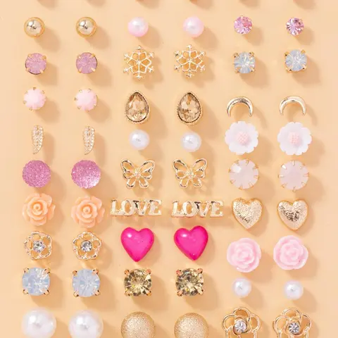 30 Pairs Mixed Styles Elegant Floral, Butterfly, Letter & Heart Design Stud Earrings Set, Stylish Faux Pearl Stud Earrings Set, Fashion Ear Jewelry For Women & Girls, Flower Stud Earrings