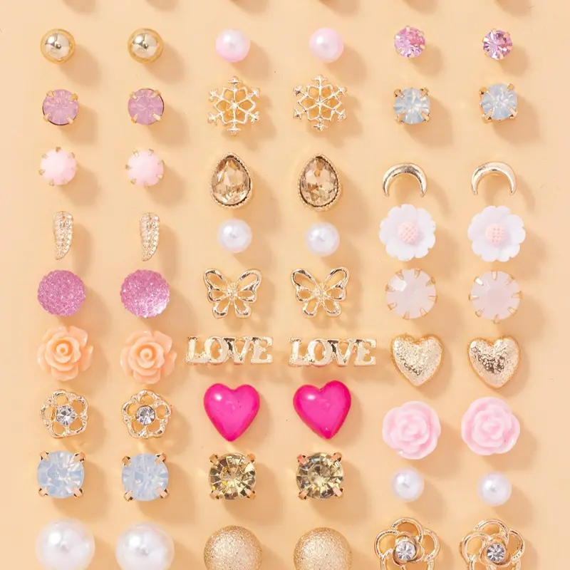 30 Pairs Mixed Styles Elegant Floral, Butterfly, Letter & Heart Design Stud Earrings Set, Stylish Faux Pearl Stud Earrings Set, Fashion Ear Jewelry For Women & Girls, Flower Stud Earrings