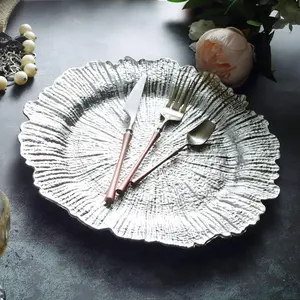 6-Pack Acrylic Plastic Round Charger Plates 13" in Silver with Reef Design, Dinner Charger Tableware