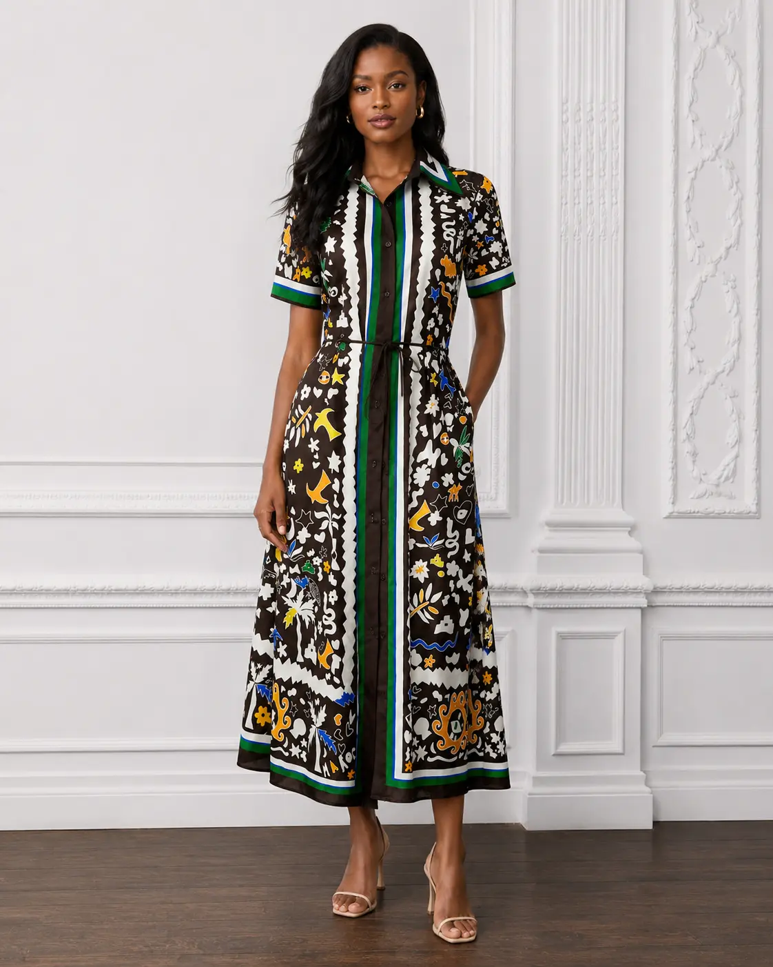 Women's Maxi Shirt Dress, Boho Artistic Forest Print Short Sleeve Button Down, Linen-Blend with Matching Belt for Tropical Vacation, Style
