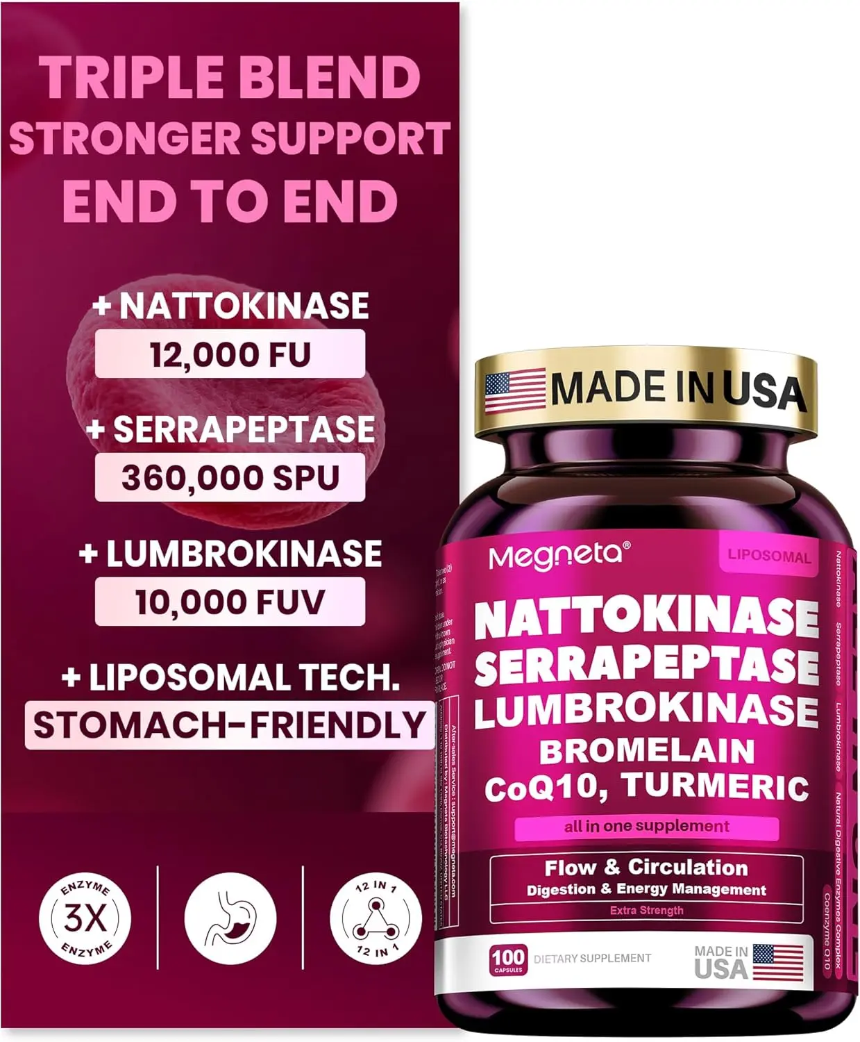 MEGNETA Nattokinase Supplement 12,000 FU (Max Strength) Serrapeptase 360,000 sPU, Lumbrokinase 10,000 FUV & CoQ10 -Systemic Enzymes Complex for Cardiovascular & Circulatory Health Support-100 Capsule