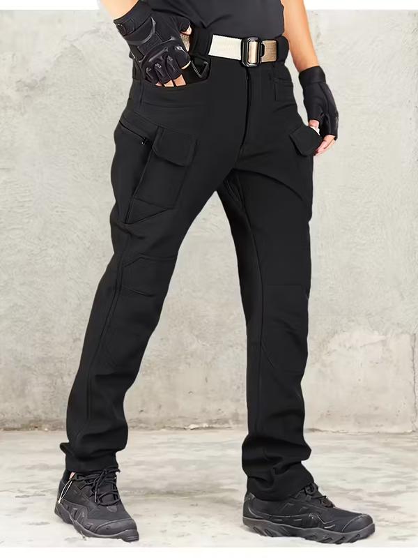 Men's Fleece-Lined Windproof Warm Tactical Pants 400g Knitted Fabric Mid-Rise Multi-Pocket Standard Fit for Autumn Winter Outdoor Wear