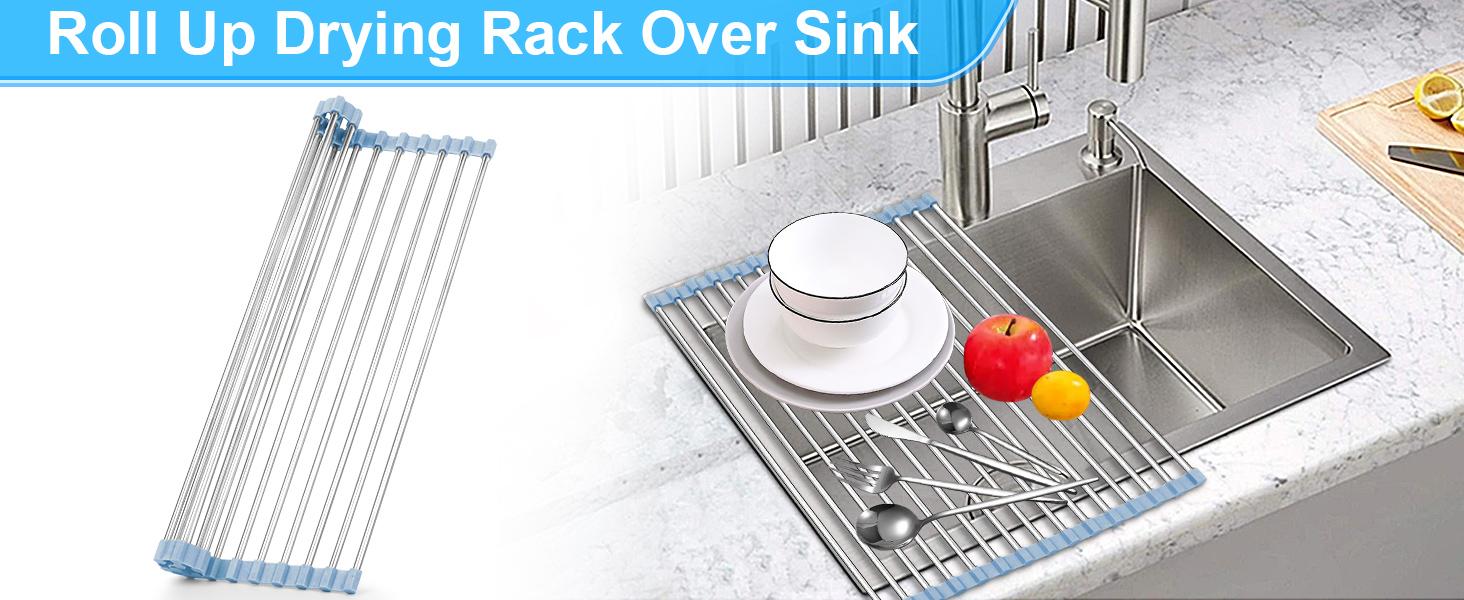 Seropy Roll Up Dish Drying Rack, Over The Sink Dish Drying Rack Kitchen Rolling Dish Drainer, Foldable Sink Rack Mat Stainless Steel Wire Dish Drying Rack for Kitchen Sink Counter Storage 17.5x11.8