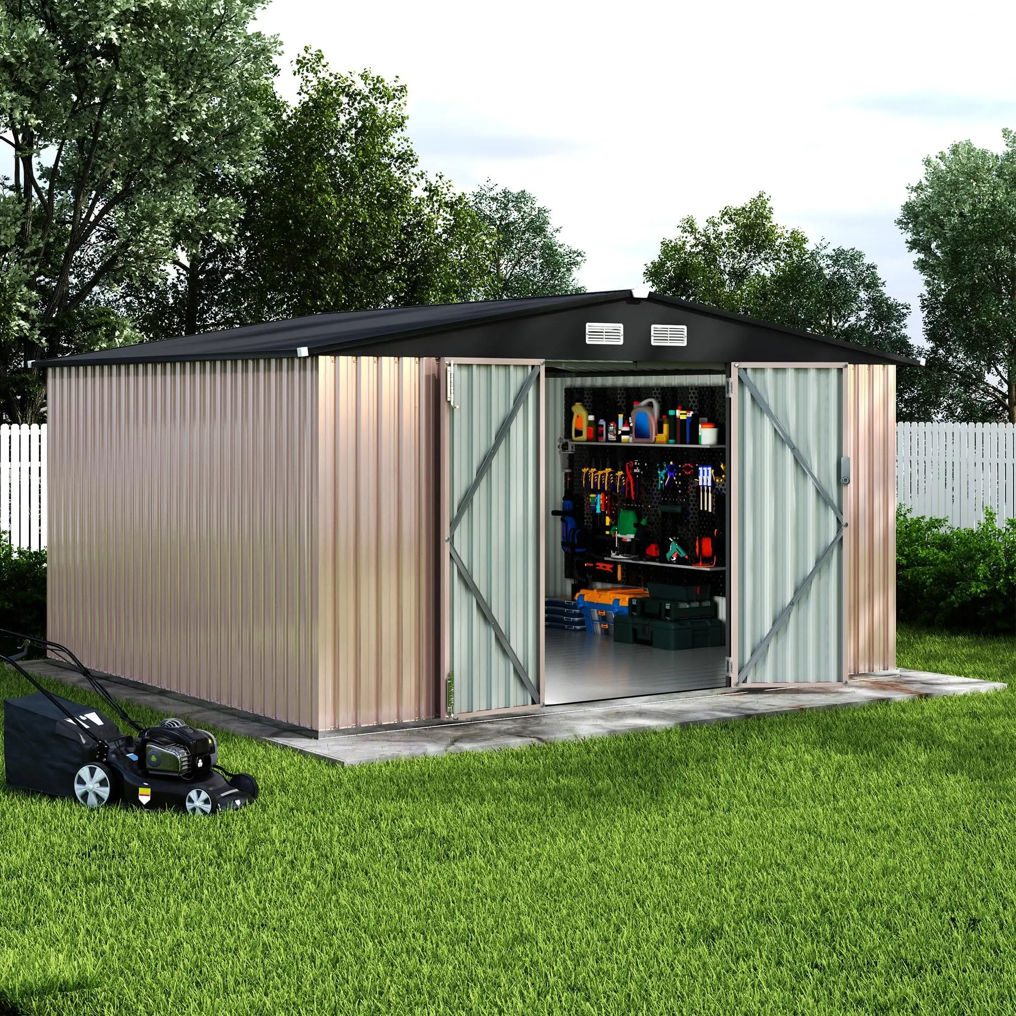 Garvee 10x12ft Metal Outdoor Storage Shed with Lockable Door and Air Vent, Garden Shed for Garden, Patio, Lawn