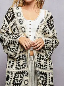 Long Crochet Boho Granny Square Black/Tan Color Open Cardigan Duster