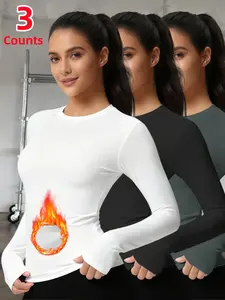 3-Pack Women's Thermal Underwear Tops, Solid Color Classic Crew Neck Long-Sleeve Base Layers for Autumn & Winter - Ideal as Running, Hiking Activewear, Comfortable Fit Base Layer Tees Suitable for Outdoor Activities