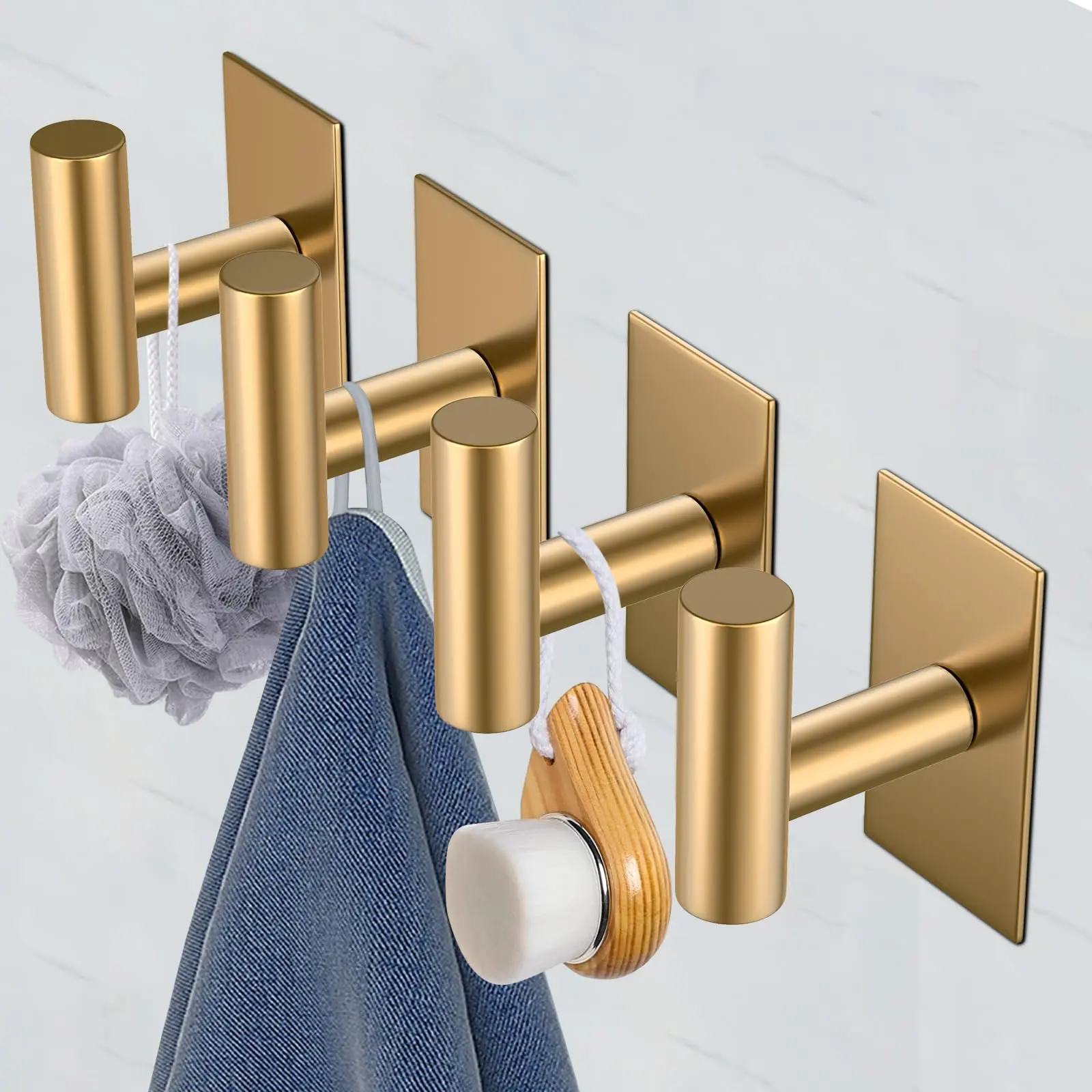 4-Pack Gold Ceramic Wall Hanging Towel Hooks - Heavy Duty Metal Stainless Steel Adhesive Holder, Waterproof No-Drill Rustproof Easy-Clean Home Storage Hooks for Glass, Marble Stone, Kitchen, Bathroom, Easy To Clean