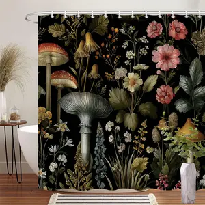 1Pc Floral Mushroom Shower Curtain Vintage Botanical Design with Colorful Flowers and Fungi Bathroom Decor Polyester Fabric Bath Hanging Curtain 70.8x70.8 Inch with 12 Hooks