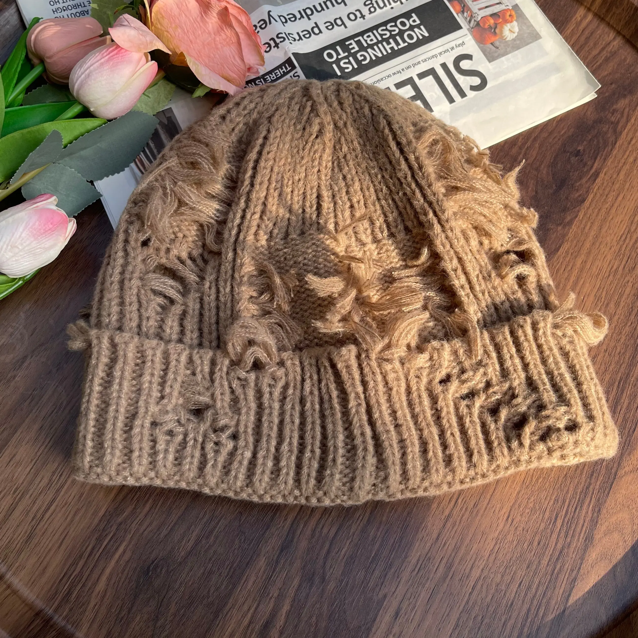 Vintage 90s Streetwear Grunge Wool Winter Beanie Hat Cap Oatmeal Brown Womens Vintage 90s Southpole Beanie Skull Cap Knit Embroidered Hip  main image 2