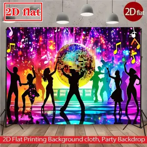 2D Flat Disco Party Backdrop, Wall Hanging Backdrop, Vibrant Fabric Banner, Colorful Abstract Lighting Design, Glittering Disco Ball Centerpiece, Energetic Dance Silhouettes, Perfect for Celebrations and Events, Indoor/Outdoor Party Decor, 5ft x 7f