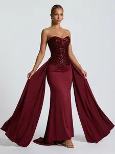 LikeMyChoice Red Strapless Gown with Sequin Corset Top Perfect for Prom Birthday & Gala Nights