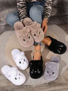 Women's Cartoon Cat Plush Slippers, House Slippers, Soft Fabric Upper & Lightweight Eva Sole, Indoor Outdoor Comfort Home Shoes, All-Season Casual Footwear