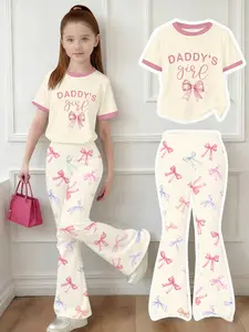 Girls' Border Colorblock Bow Print Bell Bottoms Set, Sweet Casual Style, Perfect for Spring Outings, No Zipper, No Collar