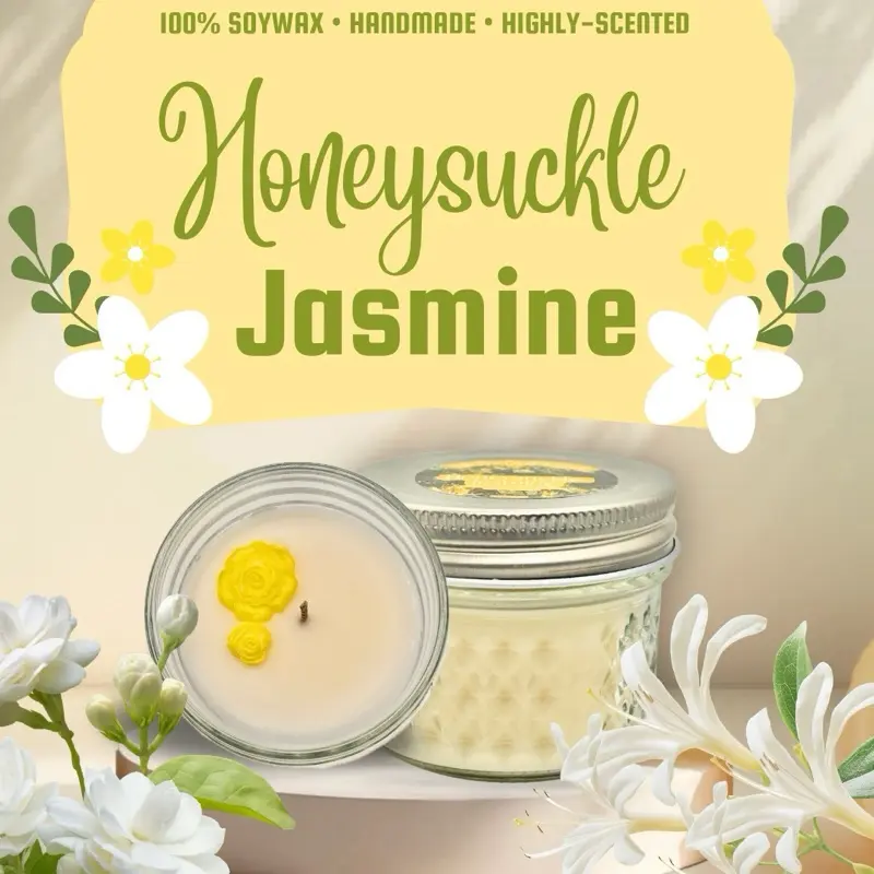 Honeysuckle Jasmine Scented Candle in Glass Jar with Yellow Floral Design for Relaxation and Aromatherapy