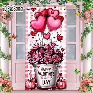 2D flat banner, 1pcValentine's Day Pink & White Checkered Backdrop with Heart Balloons, Rose Bucket, and Heart Decorations for Festive Party Decorgalentines party decor, valentine day decor, decorations for valentines day