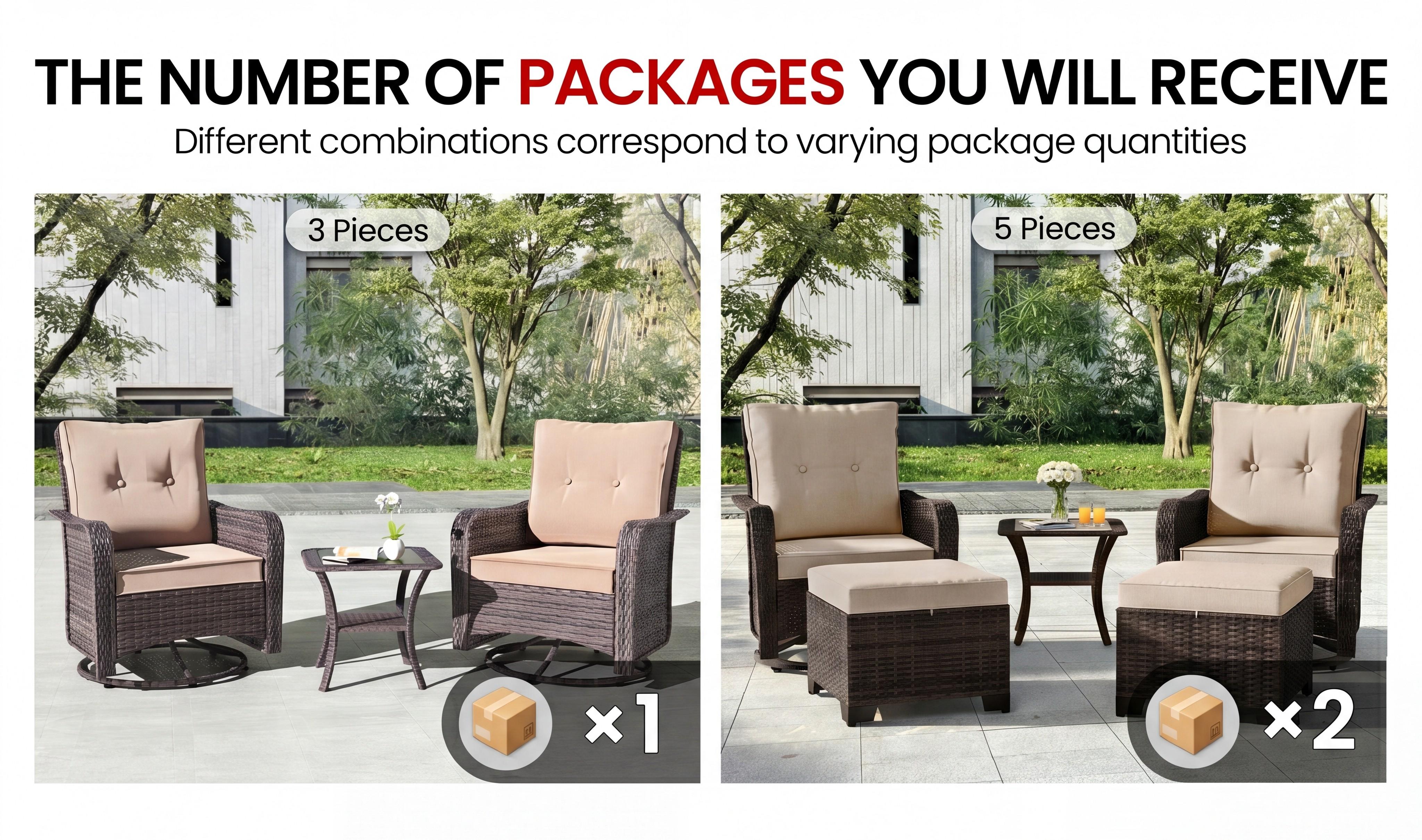 Kullavik 3-Piece Patio Sofa Set, Outdoor Furniture with 4-in Thick Cushions, 360-Degree Swivel Rocking Chairs and Rattan Side Table for Garden, Porch