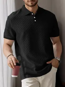 A men's summer casual solid-color short-sleeved polo shirt with white button closure. It boasts a simple and elegant style, with a comfortable and skin-friendly fabric. The surface features a woven texture, which enriches the visual layering