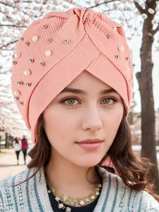 Women's Imitation Pearl & Rhinestone Headscarf, Solid Color Pleated Hair Wrap, Elastic Hat for Ramadan, Chemotherapy Care, Daily Wear