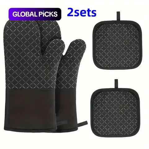 Silicone Heat Insulated Oven Mitts & Pot Holders Set (4 Counts/set), 2 Counts Non-slip Heat Resistant Oven Gloves & 2 Counts Insulation Pads for Home Kitchen Baking, Cooking, Bakeware, Kitchenware #GLOBAL PICKS