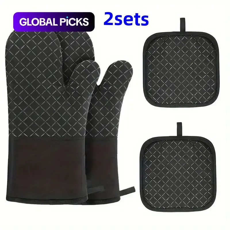 Silicone Heat Insulated Oven Mitts & Pot Holders Set (4 Counts/set), 2 Counts Non-slip Heat Resistant Oven Gloves & 2 Counts Insulation Pads for Kitchen Baking, Cooking, Bakeware, Kitchenware