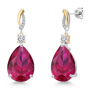 Gem Stone King 925 Silver and 10K Yellow Gold Red Created Ruby and White Moissanite and White Lab Grown Diamond Earrings For Women | 26.69 Cttw | GemstoneJuly Birthstone | Pear Shape 18X13MM