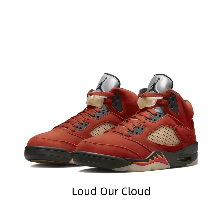 Make your streetwear stand out with these terracotta suede athletic high tops, sleek silver tongue with dark emblem, breathable beige mesh window, gradient red jagged sole and air cushion midsole delivers all-day walking comfort