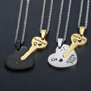 1 Pair of Fashionable, Creative, Romantic Heart-shaped Key Puzzle Stainless Steel Men's and Women's Necklace Anniversary, Mother's Day Gift, Birthday Gift