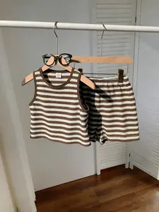 Girls' Summer Set, Sleeveless Striped Knit Two-Piece Suit, Daily Wear Clothing for Ages 8-12, Trendy Y2K Style, Striped Sets