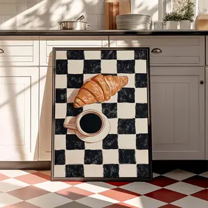 Vintage Plaid Croissant & Coffee Art Print -Waterproof Wall Decor for Kitchen, Bedroom, Living Room, Bathroom&Hallway, Modern Classic Fashion , Black & White Checkered Background, Hallway Artwork Artistic Cotton Matte Minimalist Ornaments Decoration Photo