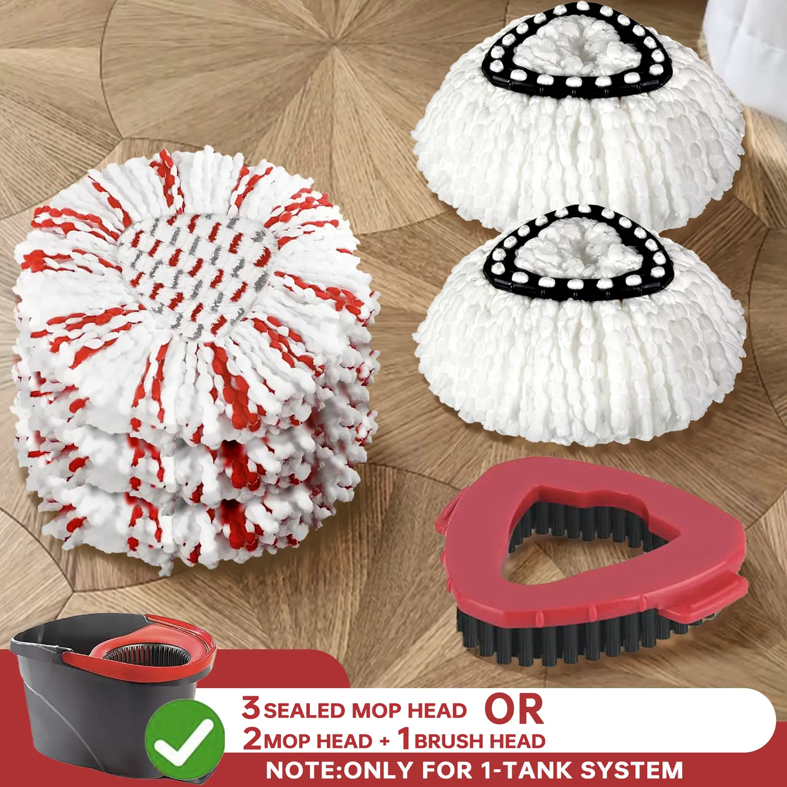 3-pack O-Cedar replacement set featuring a rotating floor head with an integrated cleaning pad, designed specifically for the O-Cedar EasyWring single-tank system. Easily removes stubborn stains. Floor head replacement, floor brush replacement.