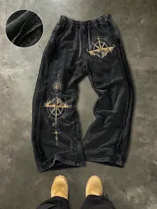 Men's Casual Loose Cotton Breathable Sport Pants, Graphic Compass Print, Outdoor, Vacation, Party, Daily Wear, Street Style, Drawstring Waist, All Seasons, Bohemian Street Trousers