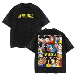 Men's Invincible Mark Grayson Round Neck Short-Sleeve Oversized T-Shirt - Heavyweight Cotton, Acid Wash Streetwear, Classic Casual Menswear, Image Comics Multi-Character Panel, Harajuku Unisex Boyfriend Style Graphic Merchandise