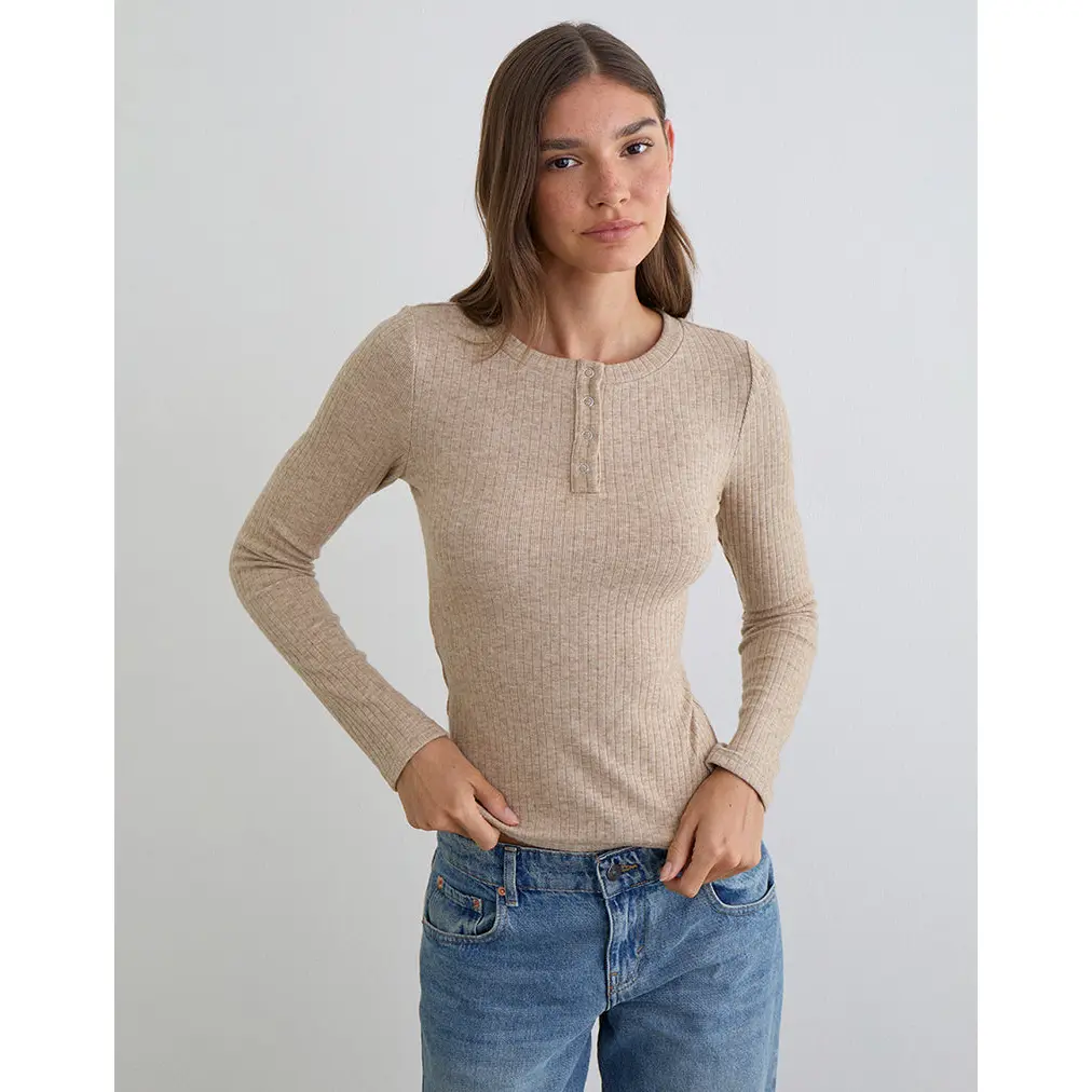 Zinta Long Sleeve Button Up Top in Rib Knit Oat