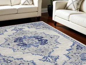 212 MAIN 8x12 ft. Boho Rug - Polyester Fiber Decorative Durable Stain Resistant Machine-Washable Floral Medallion Distressed Non-Skid Rectangle Area Rug, Ivory & Blue, Decorative Rugs, Durable Area Rugs