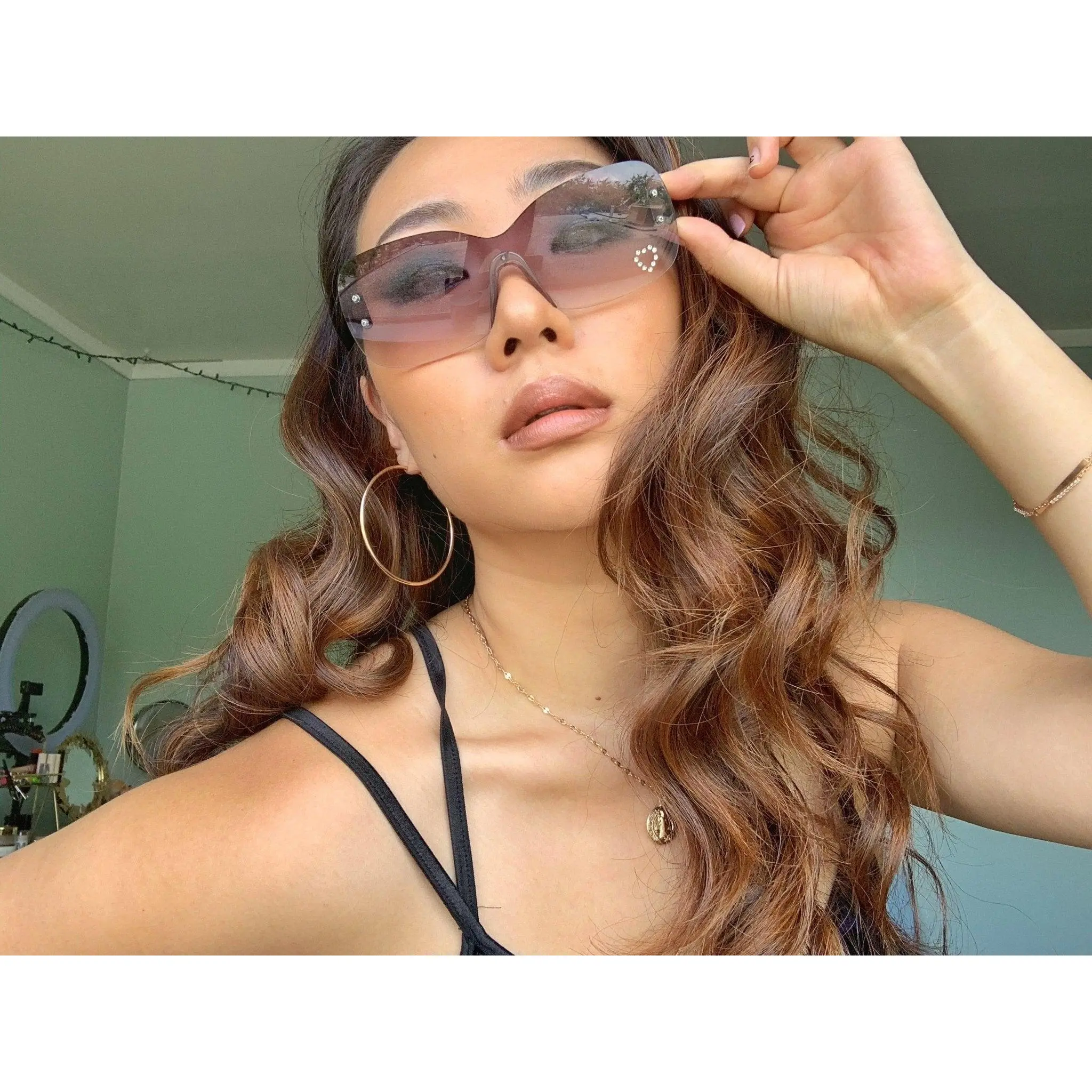 Oversized Chunky Rhinestone Trim Neon Green Shield Sunglasses Oversize RETRO SPORTY WRAP Shield Cycling SUN GLASSES Large  main image 2