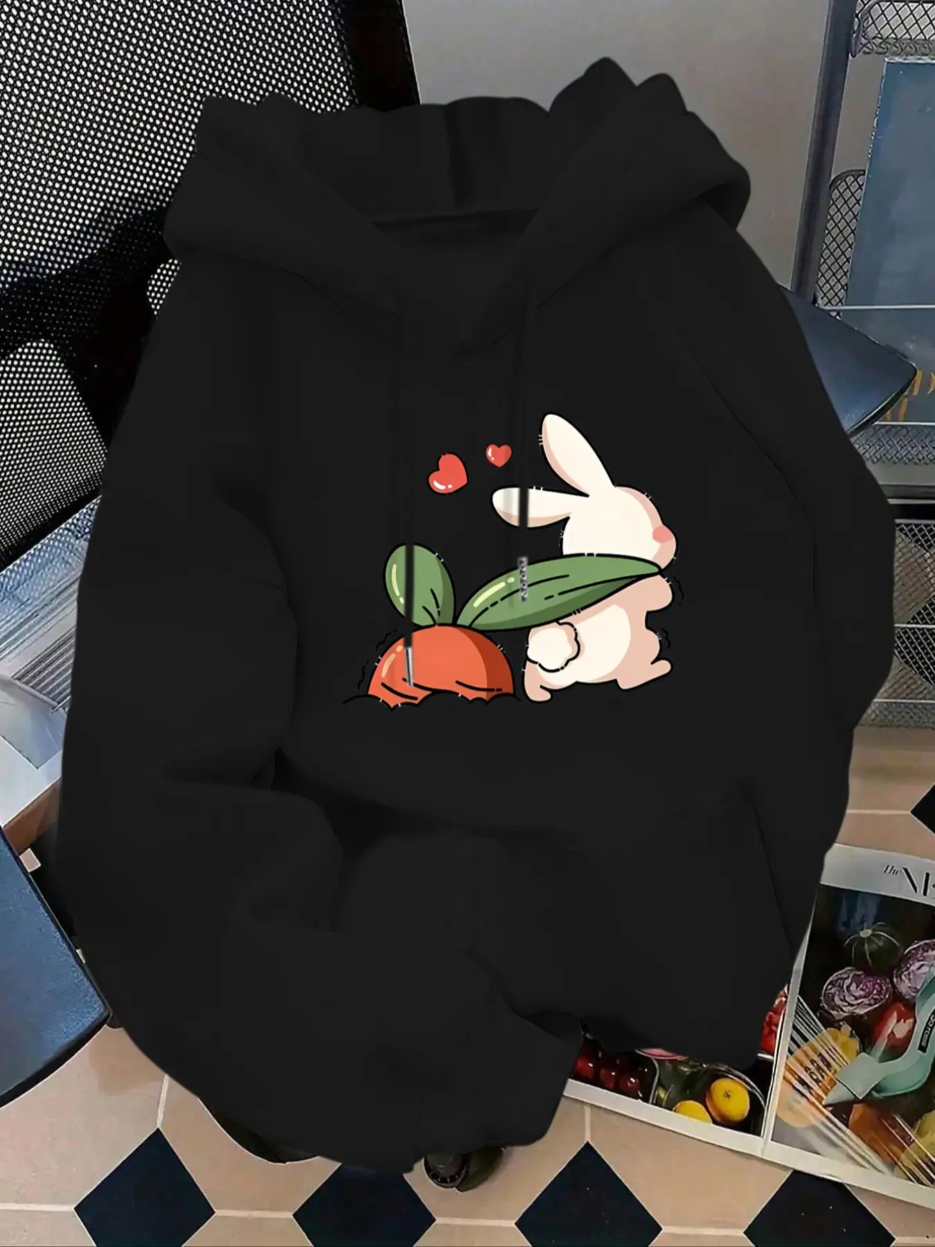 Women's Fashion Hoodie with Rabbit Print Kangaroo Pocket, Casual Long Sleeve Sweatshirt for Fall & Winter, Daily Wear