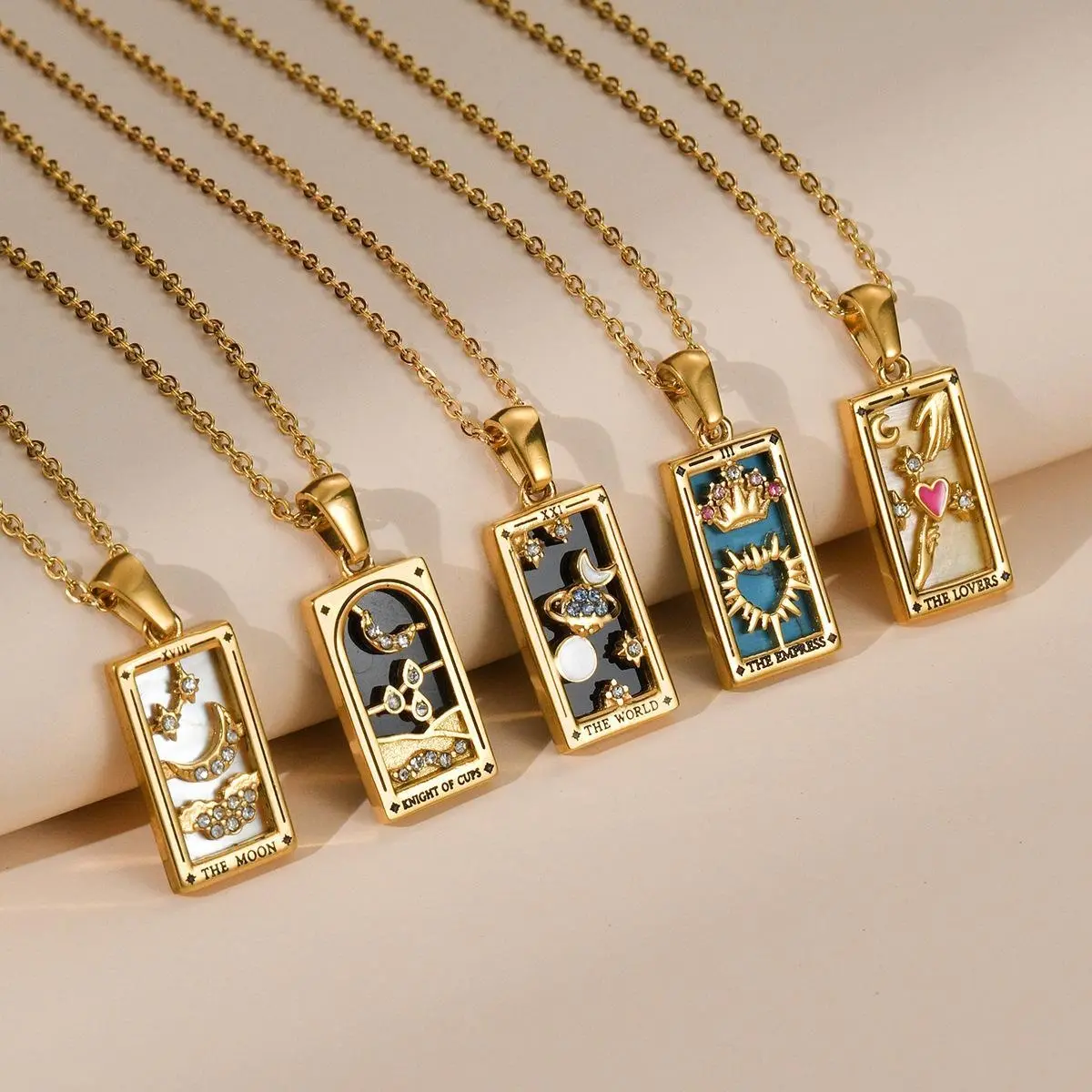 SIXFOX Dainty Tarot Series Necklace Spiritual Healing Jewelry Square Titanium Steel Hypoallergenic Colorful Enamel Pendant necklace fall fashion Delicate Mother Of Pearl Crystal Pendant Stacking Idea Best Gift for Women