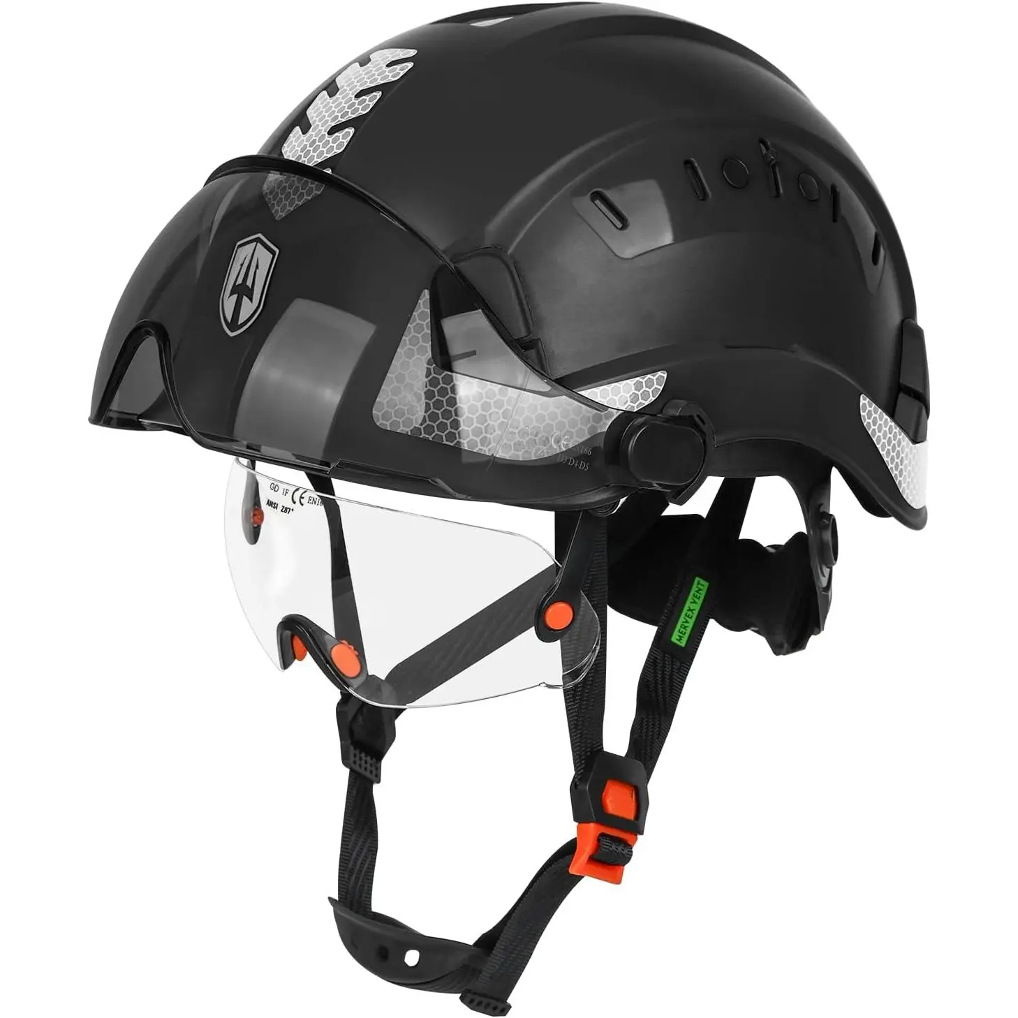 Reflective Safety Helmet - Full Brim Construction Head Cover with Visor and Glasses, Adjustable 6-Point Suspension ABS Shell, Impact Resistant for Outdoor Work Site Climbing
