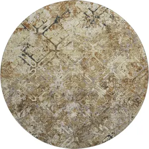 HomeRoots 664389 8 ft. Beige, Gray & Brown Diamond Washable Round Area Rug with UV Protection