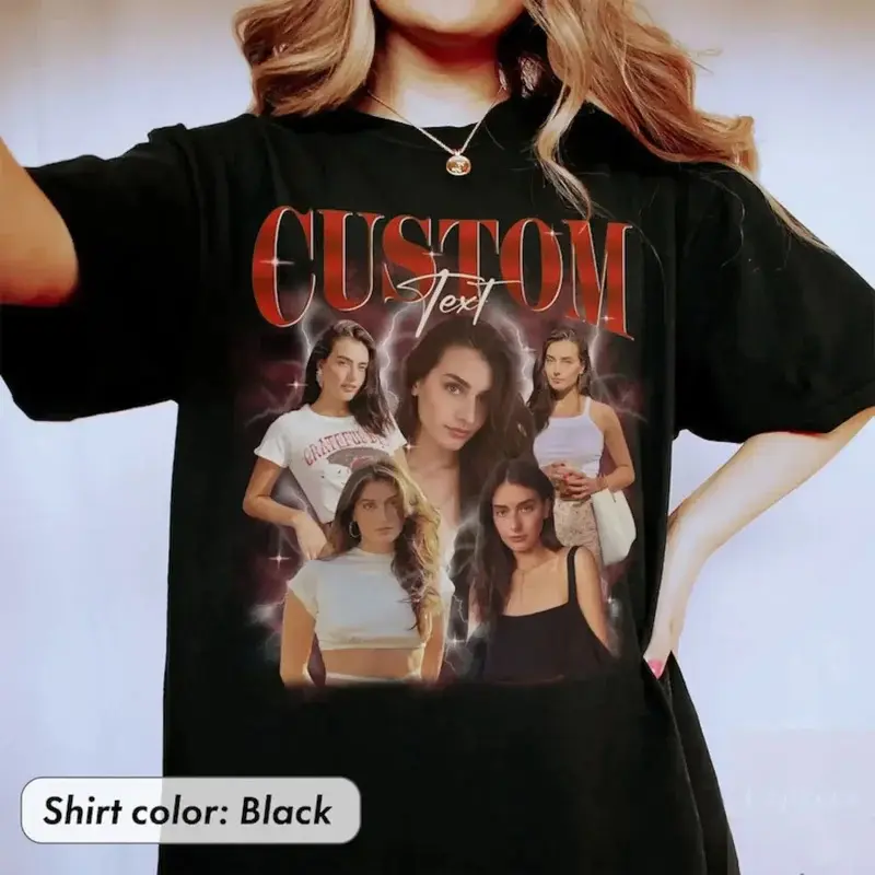 Custom Photo Print T-Shirt for Women, Personalized 90s Vintage Hip-Hop Bootleg Tee, Round Neck Streetwear with Long or Short Sleeves, Lady, Loose, Long Sleeves, Customizable, Cotton, Asian Size, Oversized, Casual, Baggy, Top, Tshirt