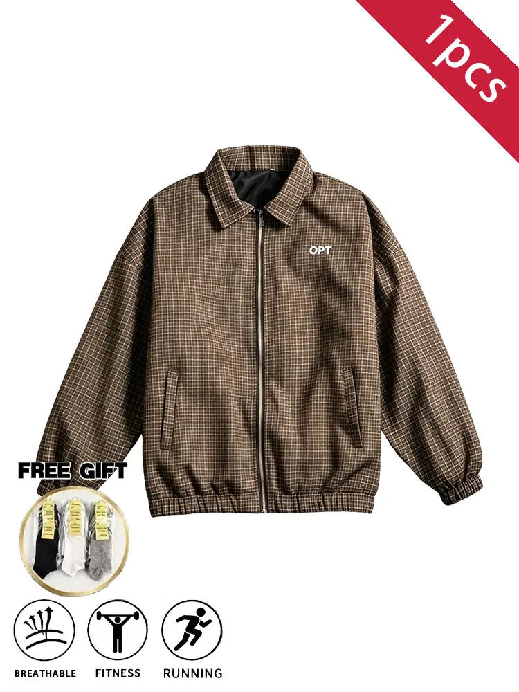 Men’s mini plaid-collar zip-up coach jacket, loose fit, breathable lightweight windbreaker with small embroidered details, suitable for gym, running, and everyday streetwear; free socks included as a gift.