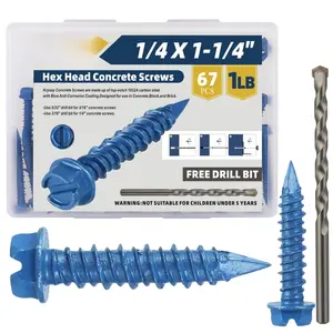 67 count 1/4 x 1-1/4 in Concrete Screws with Drill bits,Masonry Screws for Concrete Assortment Kit,Hex  Block Cement Stacoo Screws and Anchors, Point,Blue Coated(1LB)