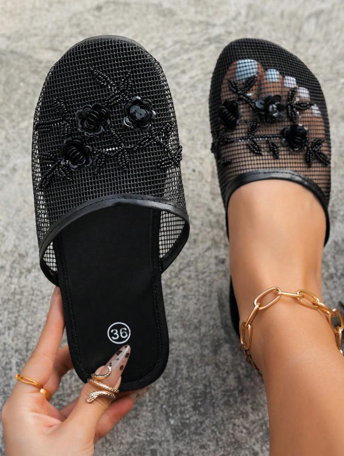 Women's Floral Beaded Mesh Chinese Slippers