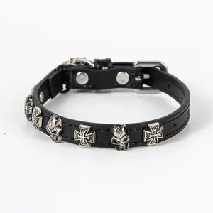 Adjustable Punk Pet Collar| Gothic Skull & Cross Faux Leather Dog Collar| Spiked & Non-Spiked Options for Cats & Small Dogs