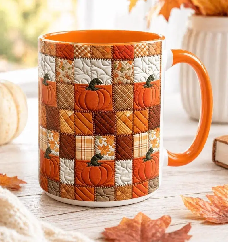 Autumn Pumpkin Mug: Rustic Patchwork Thanksgiving Coffee Cup