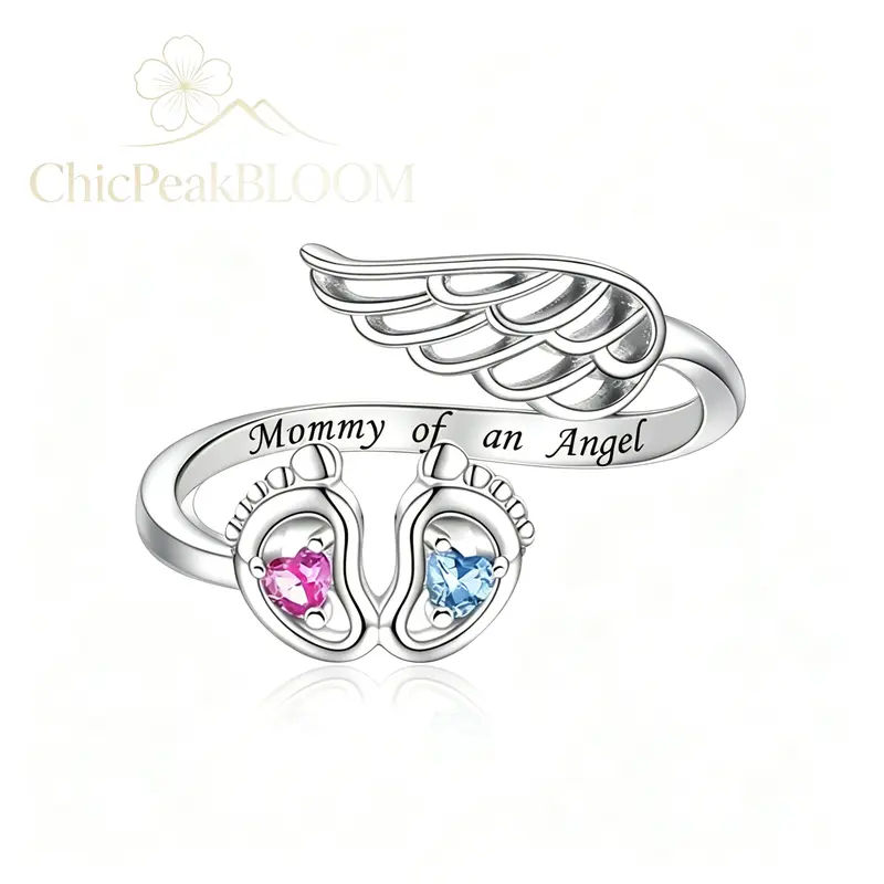Women's Adjustable Fit Sterling Silver Mommy of an Angel Stackable Ring - Rings Stack, Personalized Promise Engagement Gift Idea for Mom