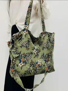 Floral Vintage Fabric Bag, Women's Ditsy Floral Pattern Tote Bag, Vintage Trendy Large Capacity Shoulder Bag, Fashionable Corduroy Tote Bags for Daily Use